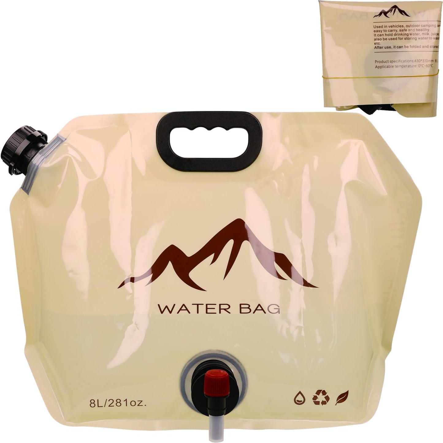 Auerllcy Outdoor Portable Folding Water Bag, 8L Collapsible Water Storage Bag with Adjustable Faucet, Large Capacity Camping Water Container Bag (Khaki)