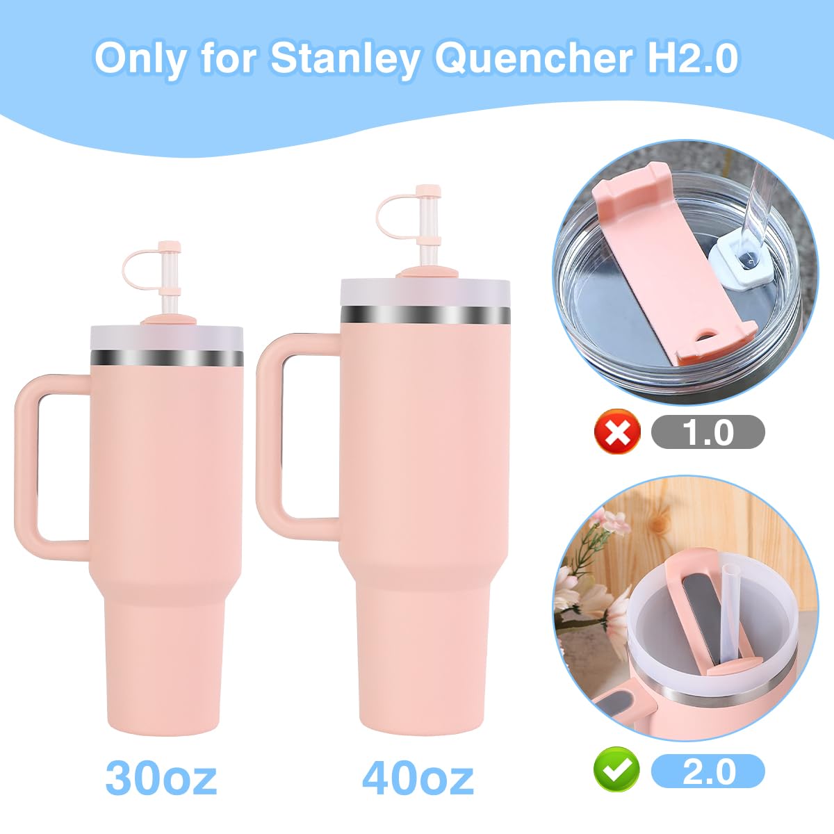 BGAANM Silicone Spill Proof Stopper Set Compatible with Stanley Quencher H2.0 FlowState Tumbler 40oz/ 30oz, Accessories Include 2 Straw Cover Cap, 2 Square Spill Stopper, 2 Round Leak Stopper (Gray)