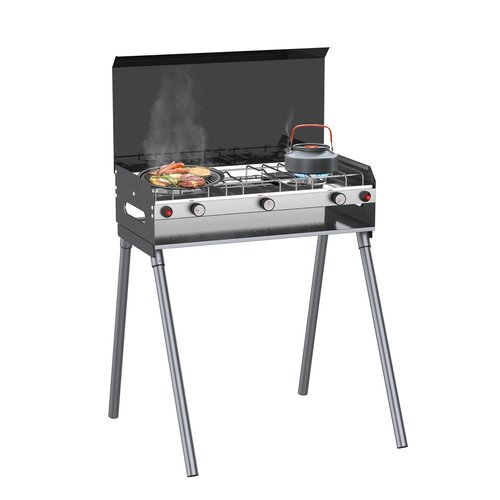 Camplux Propane Camping Stove 2 Burners & 1 Grill, Portable Outdoor Gas Stove, Auto-Ignition Camping Stove with Regulator, Total Power at 15,000 BTU