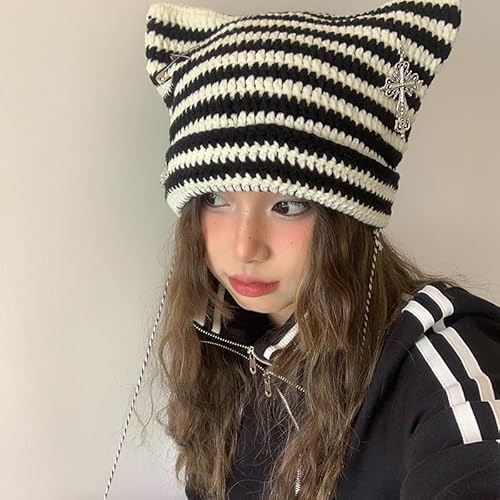 Y2k Beanies Crochet Knitted Cat Hats Goth Cross Devil Hat Striped Alt Emo Accessories Grunge Y2k Aesthetic Clothes