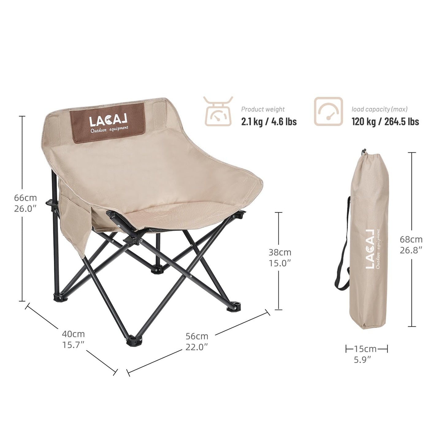 G2 GO2GETHER Portable Camping Chair, Outdoor Folding Chair, Oxford Cloth Backpacking Chair with Aluminum Frame,264lbs Support,No Installation (Khaki,1Pack)