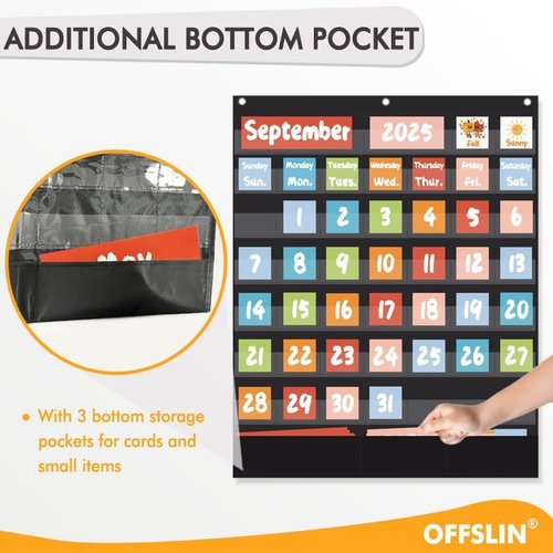 Classroom Calendar Pocket Chart with 84pcs Cards, Kids Calendar Pocket Chart for Classroom Decor, Circle Time Learning Center, School Homeschool Supplies (Black A)