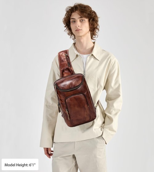 LANNSYNE Vintage Full Grain Leather Sling Bag for men, Crossbody Chest Daypack fits 10.5" iPad