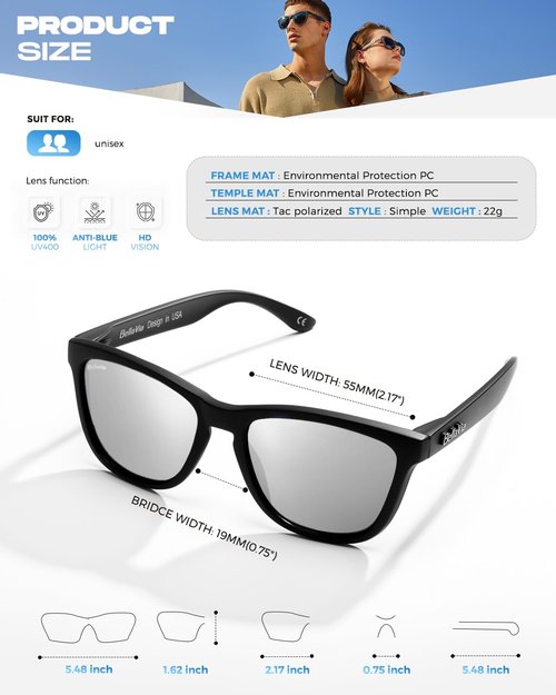 MESHA Polarized Square Sunglasses for Men Women, UV400 Protection Unisex Sun Glasses for Driving Fishing Golf, Classic Frame Shades, Light Weight, Silver Lens