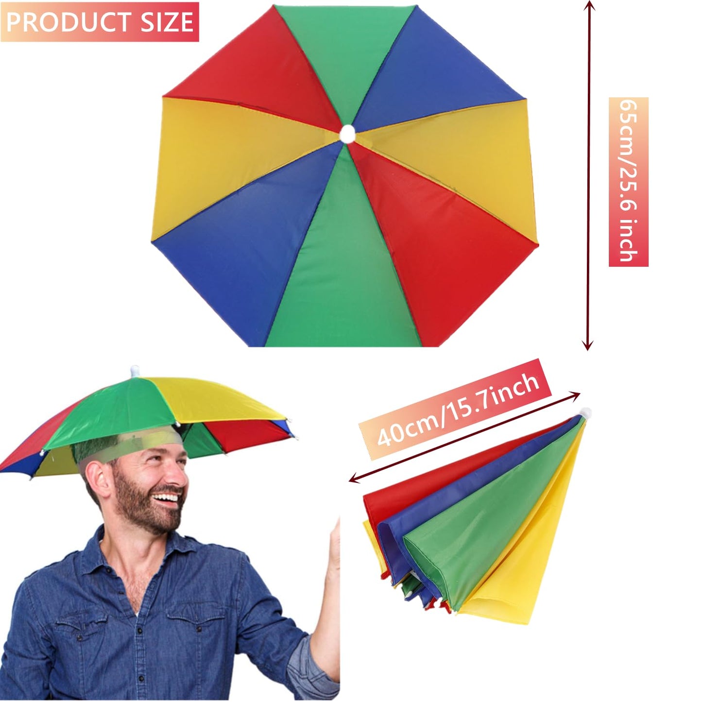 3 Pack Umbrella Hat for Adult, 26" Diameter Rainbow Sports Head Umbrella Hats for Women Men, Folding Waterproof Fishing Headwear for Outdoor Party Beach Hiking
