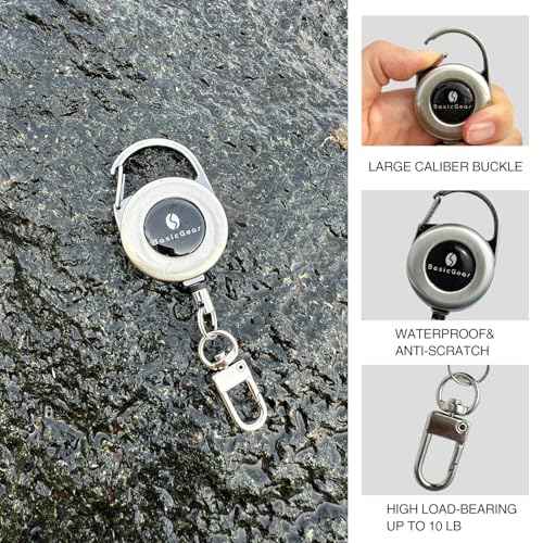 BasicGear Retractable Keychain 2 Pieces Brushed Metal with 24 Inch Cord, Heavy Duty Badge Reel Holder for Outdoors