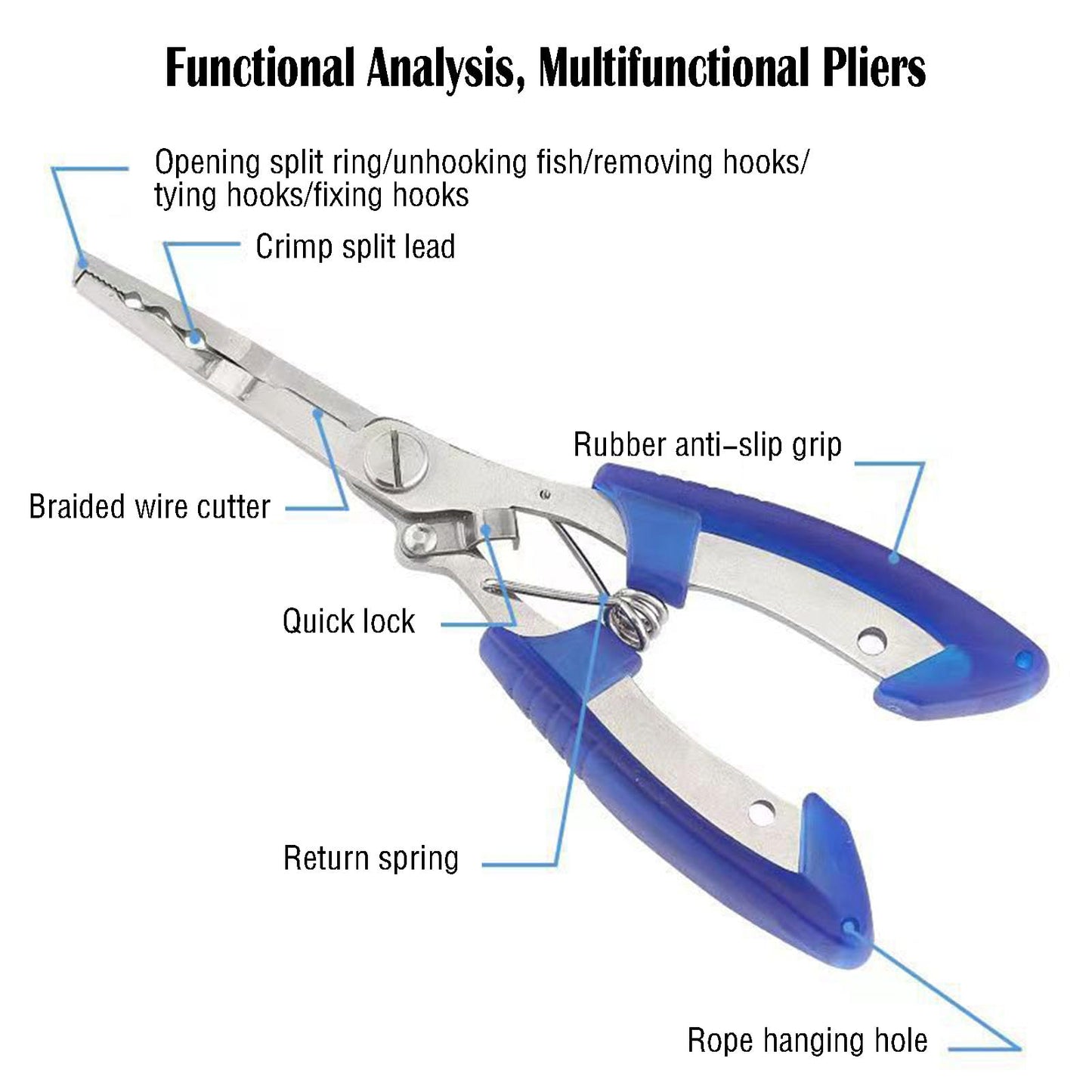Fishing Pliers Long Nose Hook Remover 2 Multi-function Scissors Braid Cutters Lightweight Stainless Steel Fishing Tools Split Ring Opener Fish Gripper Gear Accessories