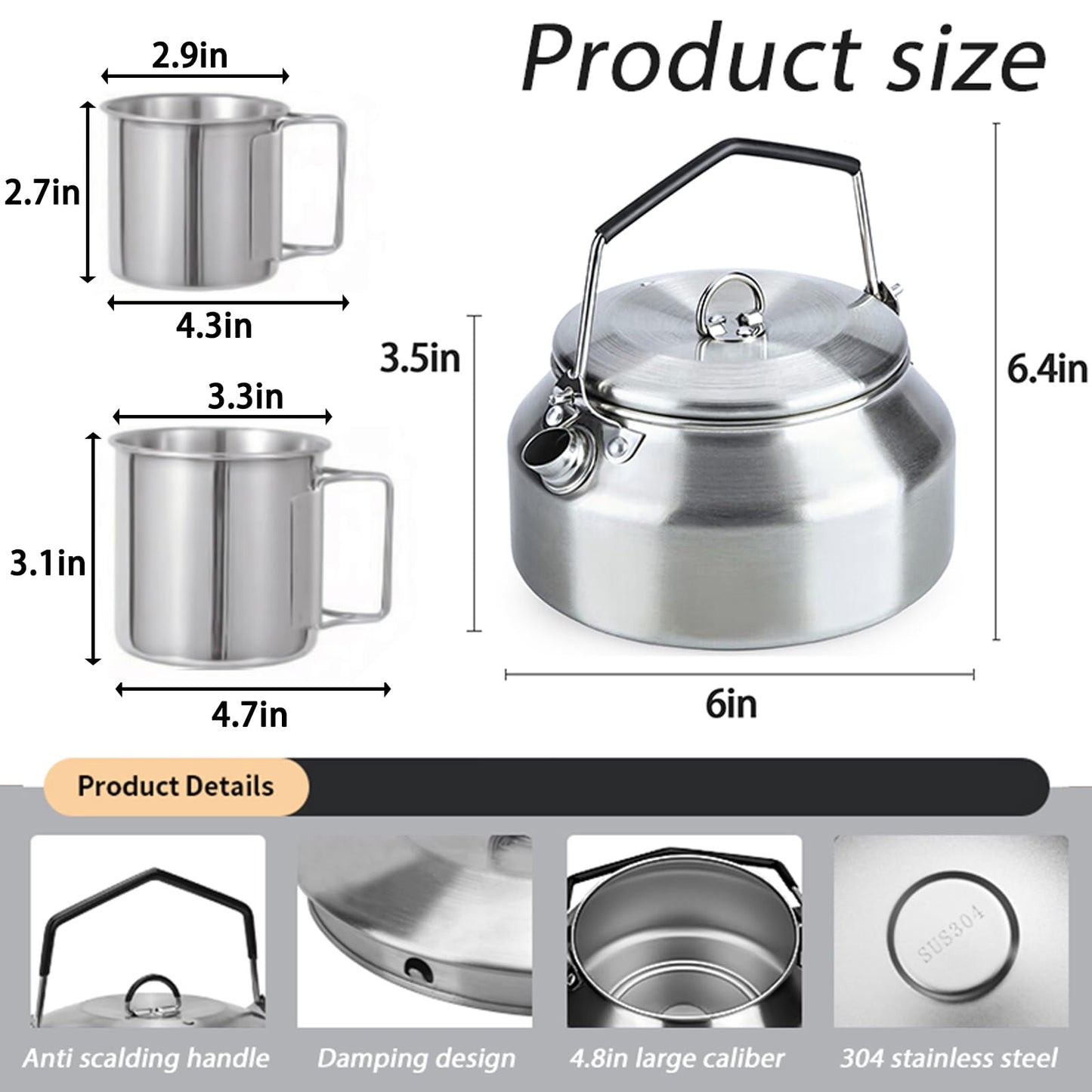 3PCS Camping Kettle Outdoor Campfire Camp Kettle Set with 2 Cups, 1L Stainless Steel camping tea kettle Coffee Pot, Portable Lightweight Teapot, Ideal for Hiking Picnic Travel, Silver