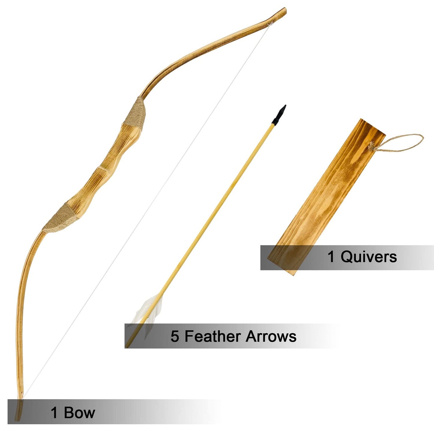 Wooden Bow and Arrow Set, 40 Inch Handmade Wooden Bow and Arrow Cosplay Costume Prop Archery Set Games Toys, 1 Bows 1 Quivers and 5 Feather Arrows, Gifts for Kids Youth Boys and Girls