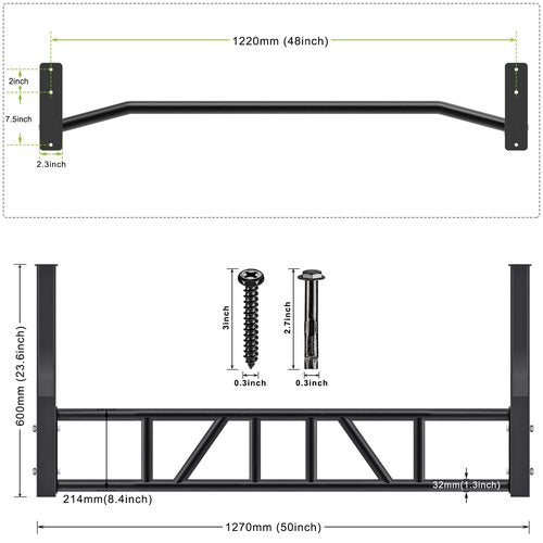 SELEWARE 48'' Multi-grip Pull Up Bar Wall Mount Heavy Duty Chin Up Bar with Hangers for Heavy Bag Home Gym Strength Workout Straps Support 500 lbs