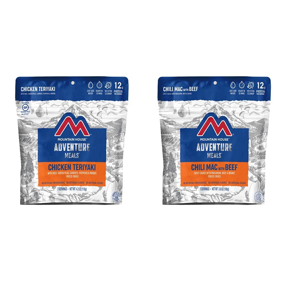 Mountain House Chicken Teriyaki with Rice (2 Servings) and Chili Mac with Beef (2 Servings) | Freeze Dried Backpacking & Camping Food