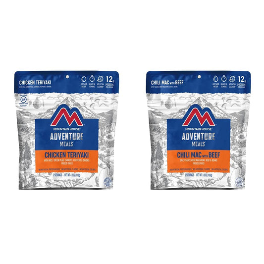 Mountain House Chicken Teriyaki with Rice (2 Servings) and Chili Mac with Beef (2 Servings) | Freeze Dried Backpacking & Camping Food