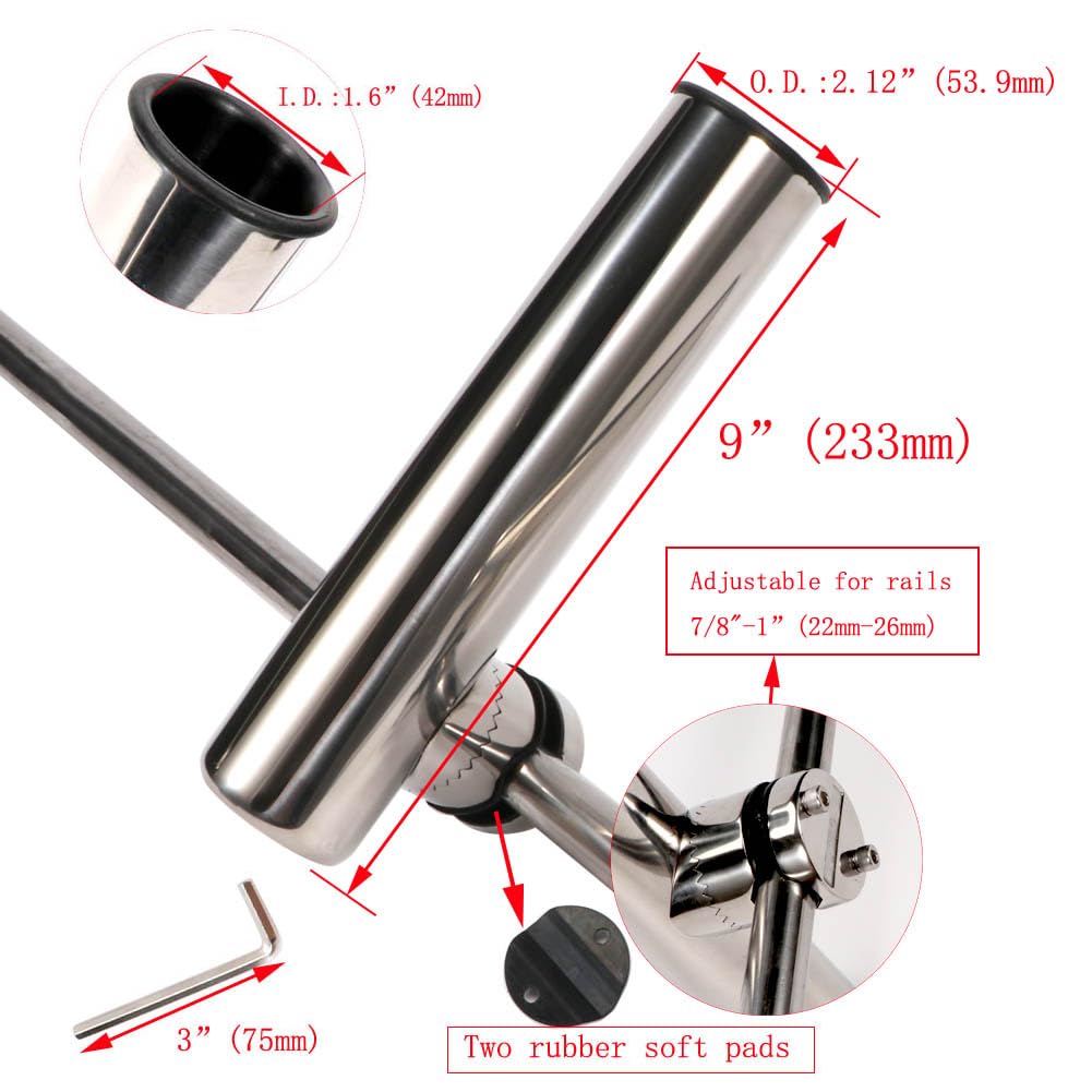 2PCS Fishing Rod Holder Clamp-On Mounting Stainless Steel for Rails 7/8" to 1"