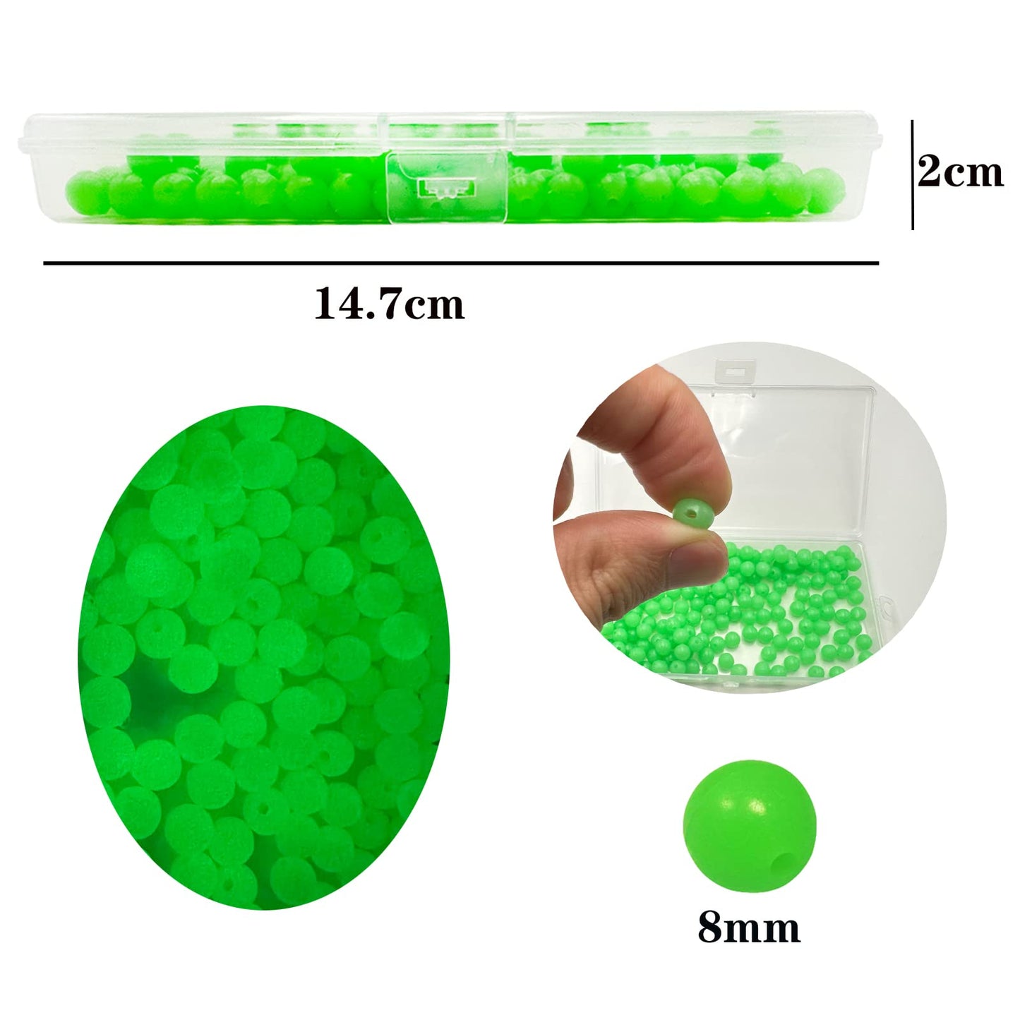 jttsptd 200Pcs 8mm Glow Fishing Beads Soft Plastic Round Beads Rubber Soft Beads Fishing Lures Accessories Box Green Fishing Bait Eggs (8mm-Soft-Green)