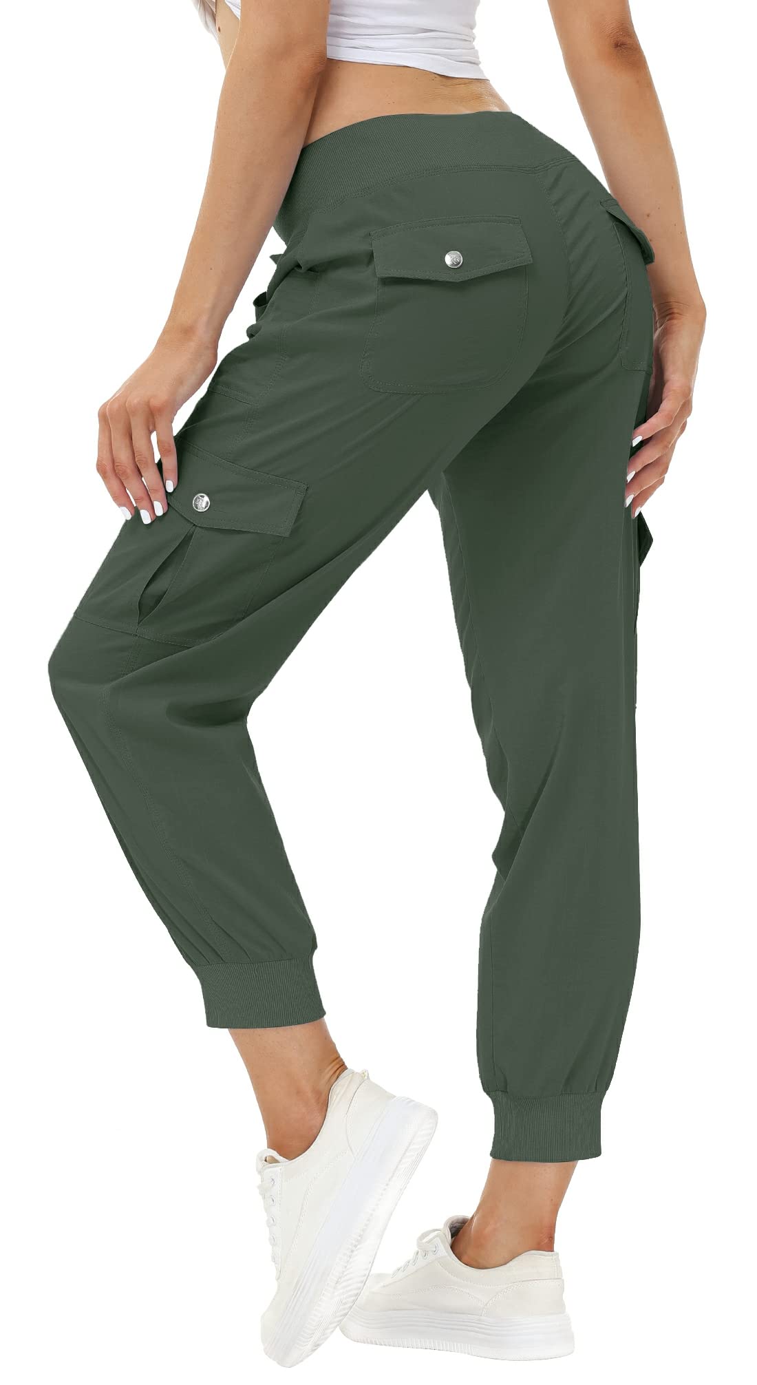MoFiz Women's Hiking Pants Cargo Joggers Sweatpants with Pockets Lightweight Quick Dry Outdoor Summer Casual Athletic Elastic Waist Army Green M