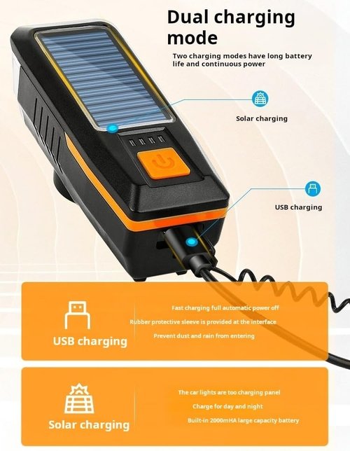 UIVXXUD Multi-Functional Solar-Powered & USB Rechargeable Bike Front Light with 120dB Horn (Red, Black)