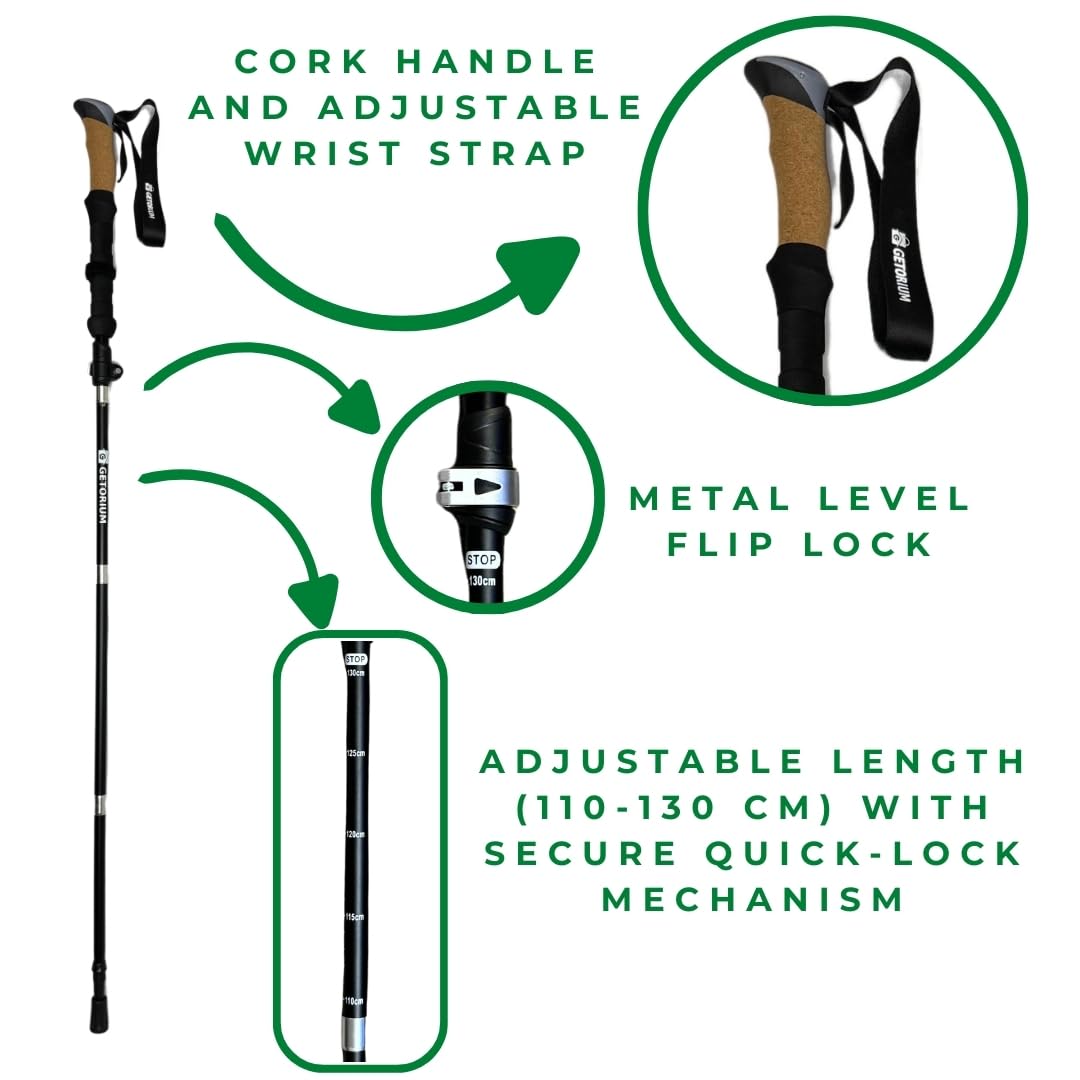GETORIUM Trekking Poles - Lightweight, Folding Hiking Poles for Backpacking Gear, Nordic Ultralight Walking Sticks, 2 Poles, Aluminum 7075, 110-130cm, Cork Grip