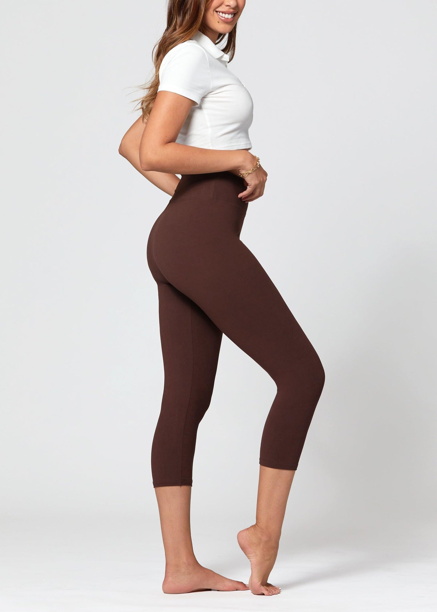 Conceited Capri Leggings for Women - High Waisted - Soft - Casual - Brown - Small - Medium