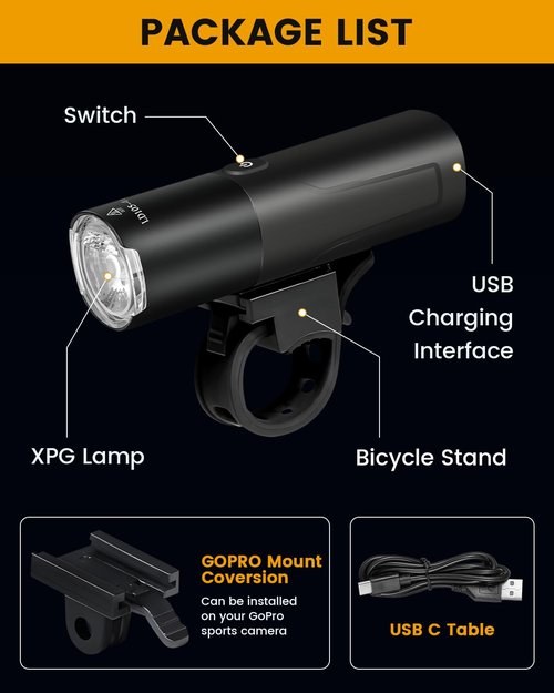 Bicycle Lights Rechargeable Bike Light with 6 Light Modes Waterproof Bicycle Headlight Compatible with GoPro Mount Bicycle Front Light for Dirt/Mountain/Road Bike
