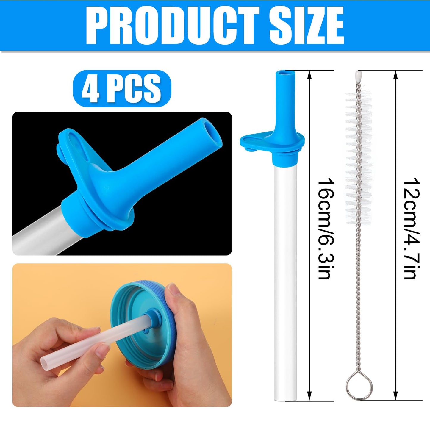 4pcs Replacement Straws with Bite Valve for Zak Designs Kelso 15 oz, with 1 Cleaning Brush Reusable Kids Cup Replacement Straws Accessory for Zak, BPA-Free (Blue)