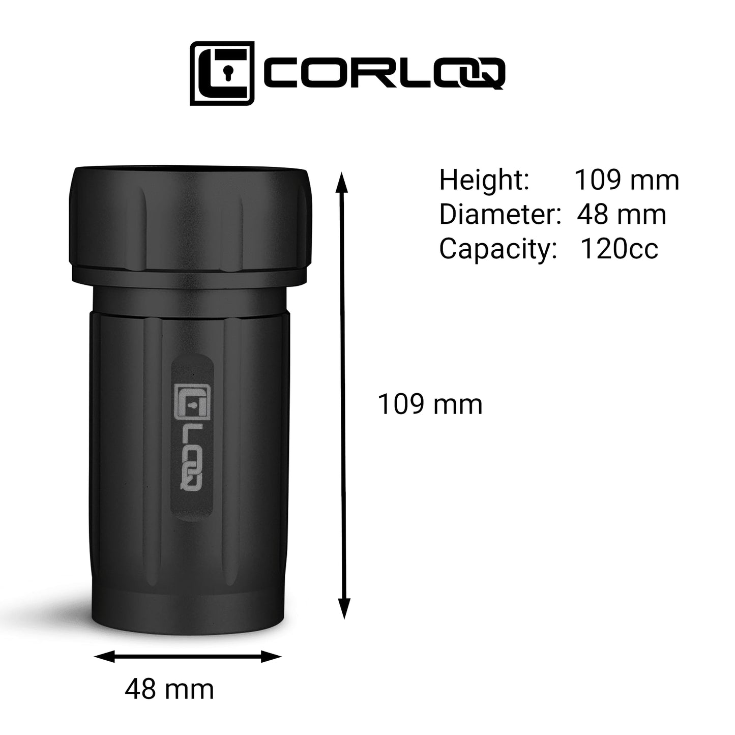 Corloq EDC120 Rugged Waterproof EDC Survival Bug Out Storage Container, Zytel, Black Body, Black Cap
