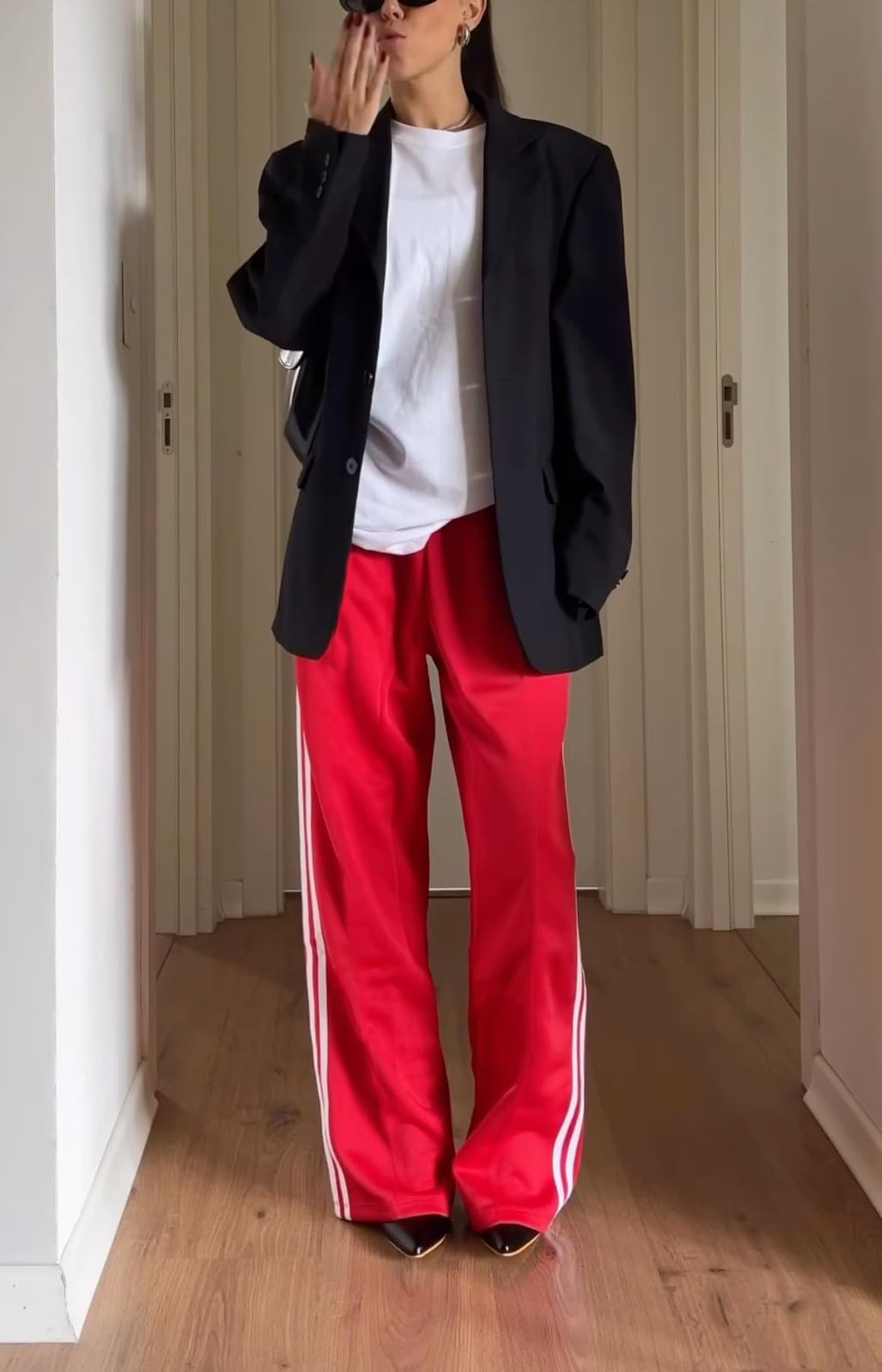 KMBANGI Women Striped Track Pants Elastic Waist Straight Leg Sweatpants Joggers Wide Leg Side Stripes Pants with Pockets(Casual Red,S)