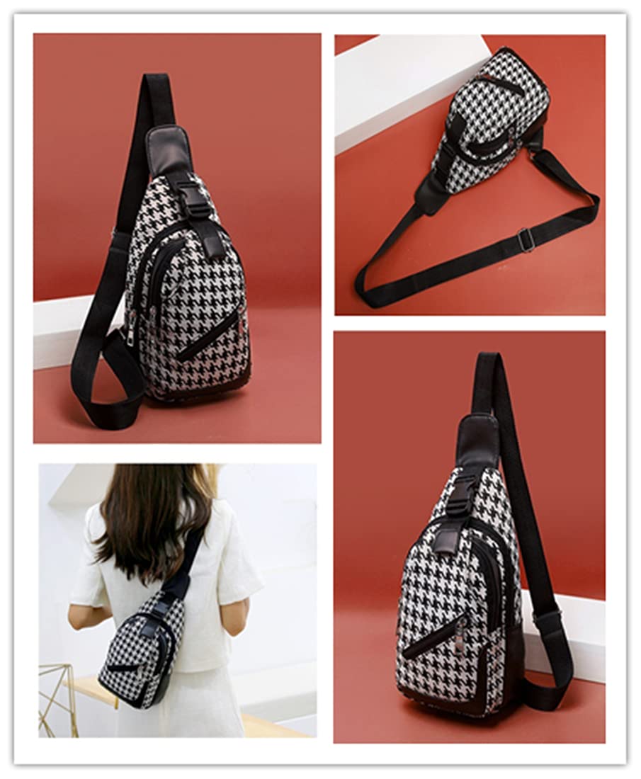 DAISHA Houndstooth Canvas Shoulder Casual Sling Bag Backpack Multi-pocket,Chest Bag Crossbody Daypack for Men Women. (Black)