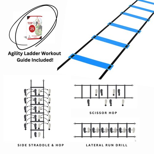 DELUXE EDITION Agility Ladder Training Set - 13 Rung 21ft Agility Ladder w/13 Disc Cones, Carry Bag - Improve Speed & Strength Soccer, Football, Basketball w/4 Steel Pegs with eGuide Chart