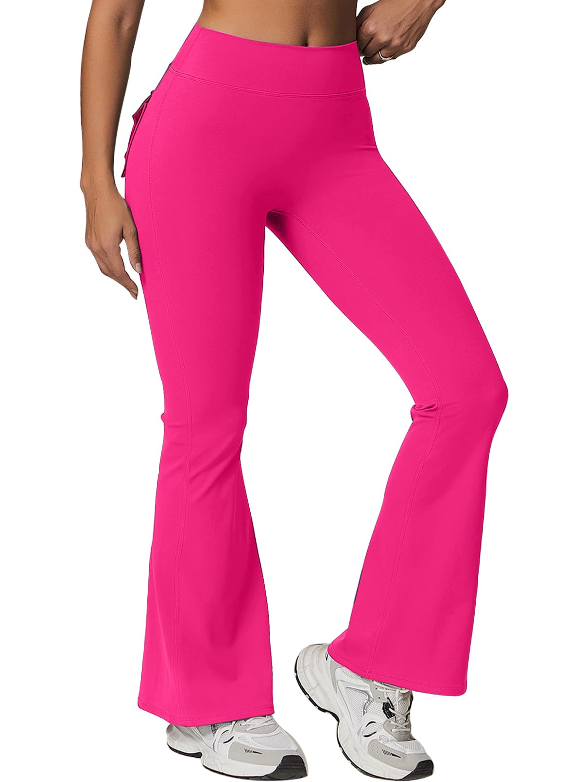Rugkey Women High Waisted Flare Leggings with Pockets Tummy Control Compression Yoga Pants Scrunch Butt Lifting Workout Tights Rose-L