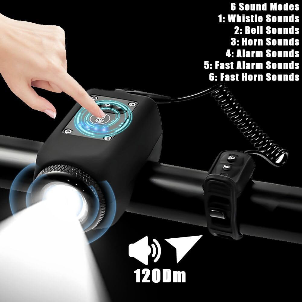 Abnaok Bike Light with Horn，USB Rechargeable Bike Light Set 120dB Powerful Bicycle Front Headlight and Back Taillight, 4 Light Modes, 6 Sound Modes，Easy to Install for Road Mountain Cycling