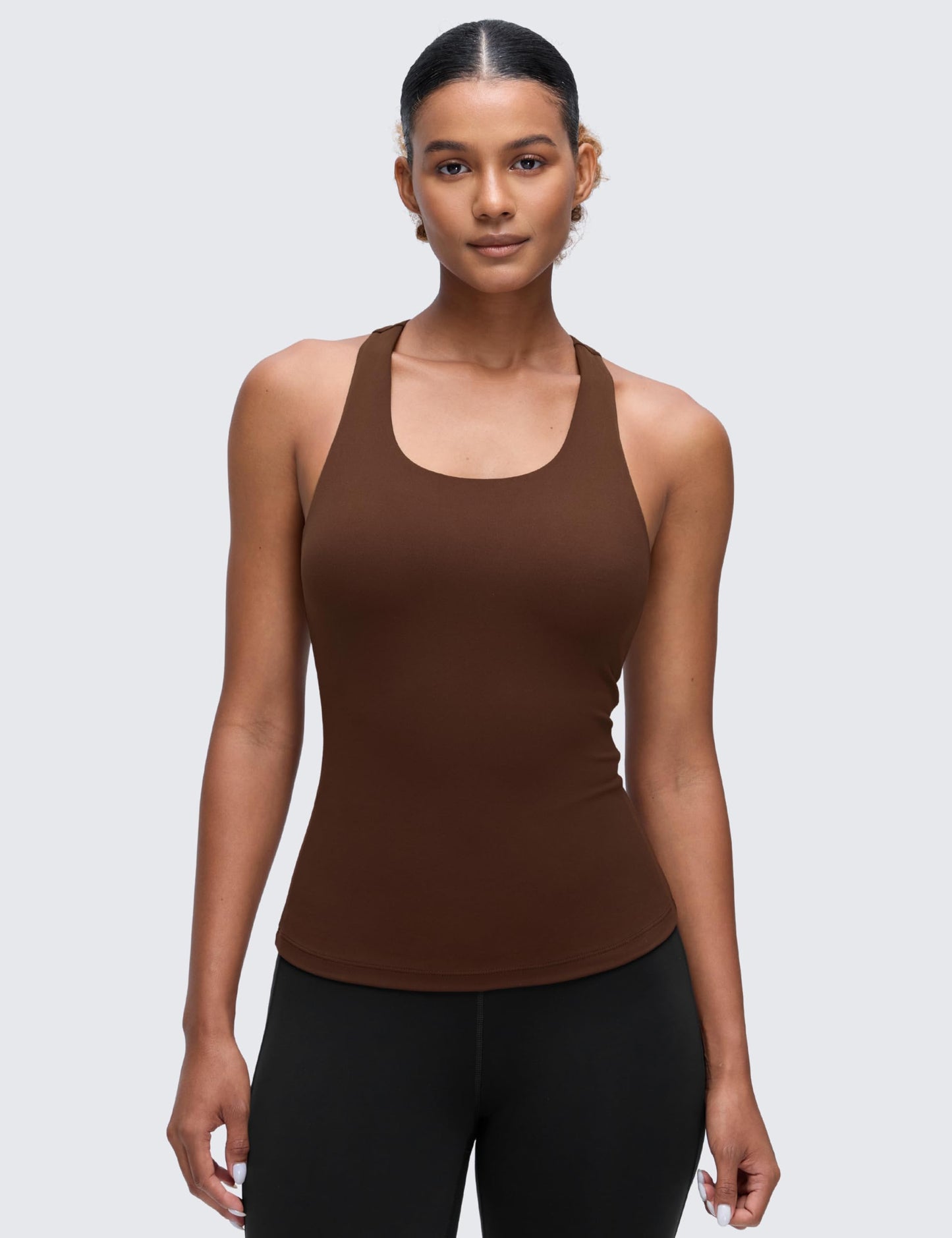 CRZ YOGA Butterluxe Workout Racerback Tank Tops for Women - Padded Athletic Spandex Yoga Shirts with Built in Bra Lava Brown Small