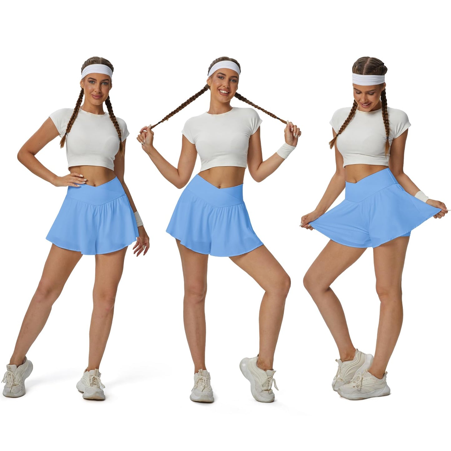 COPYLEAF Crossover Flowy Shorts for Women 2 in 1 Athletic Butterfly Running Shorts Tennis Gym Workout Skort with Pocket (Sky Blue M)