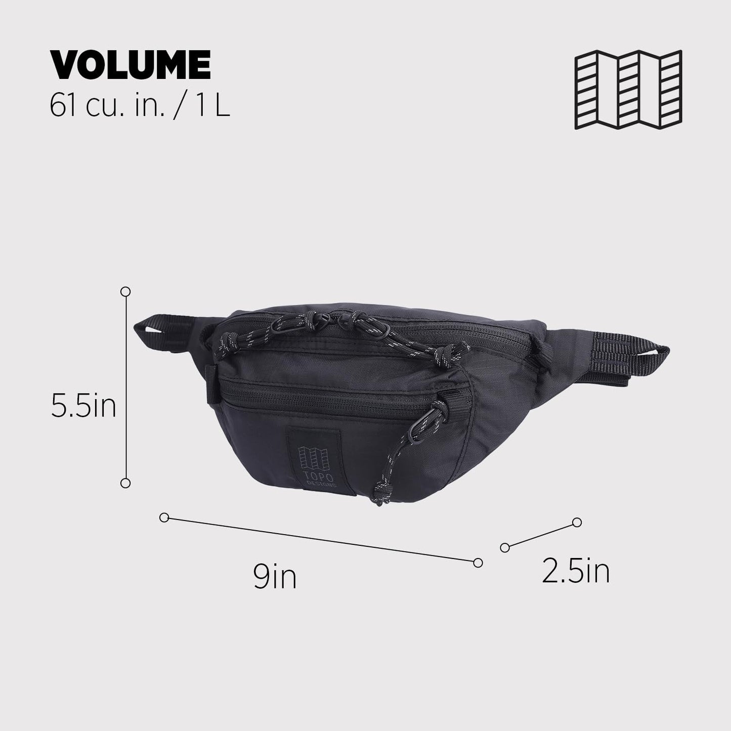 Topo Designs Mountain Waist Pack, Hip Bag, 100% Recycled Nylon Construction, 2L capacity, YKK Zips (Black/Black)