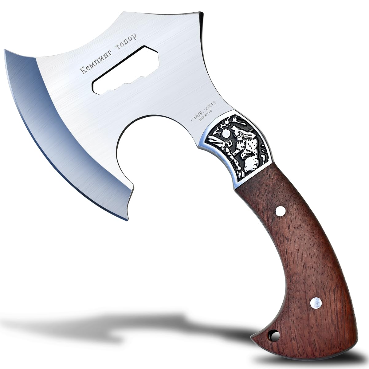 GEERMOLAN Camping Hatchet Overall 9.45in w/4.3in Blade, Camp Axe Wooden Grip, Survival Hiking Tactical Axe, Sheath Included