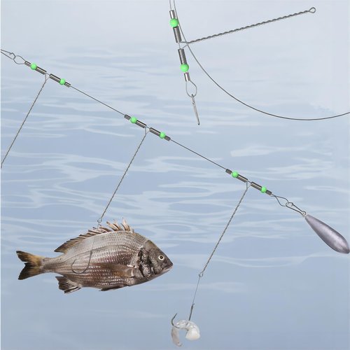 Conskyee 10pcs Fishing Leaders, High-Strength Stainless Steel 70LB 3Arms Wire Leader, Saltwater Tackle Rigs Fishing Leader Line Rig with Snaps Luminous Beads for Lures Bait Hooks