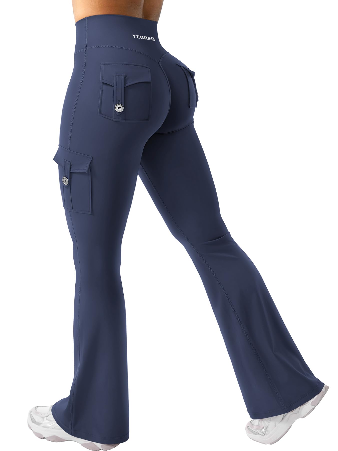 YEOREO CoreFlex Women Workout Flare Leggings with Pockets Hidden Scrunch High Waisted Cargo Gym Yoga Leggings Navy XL