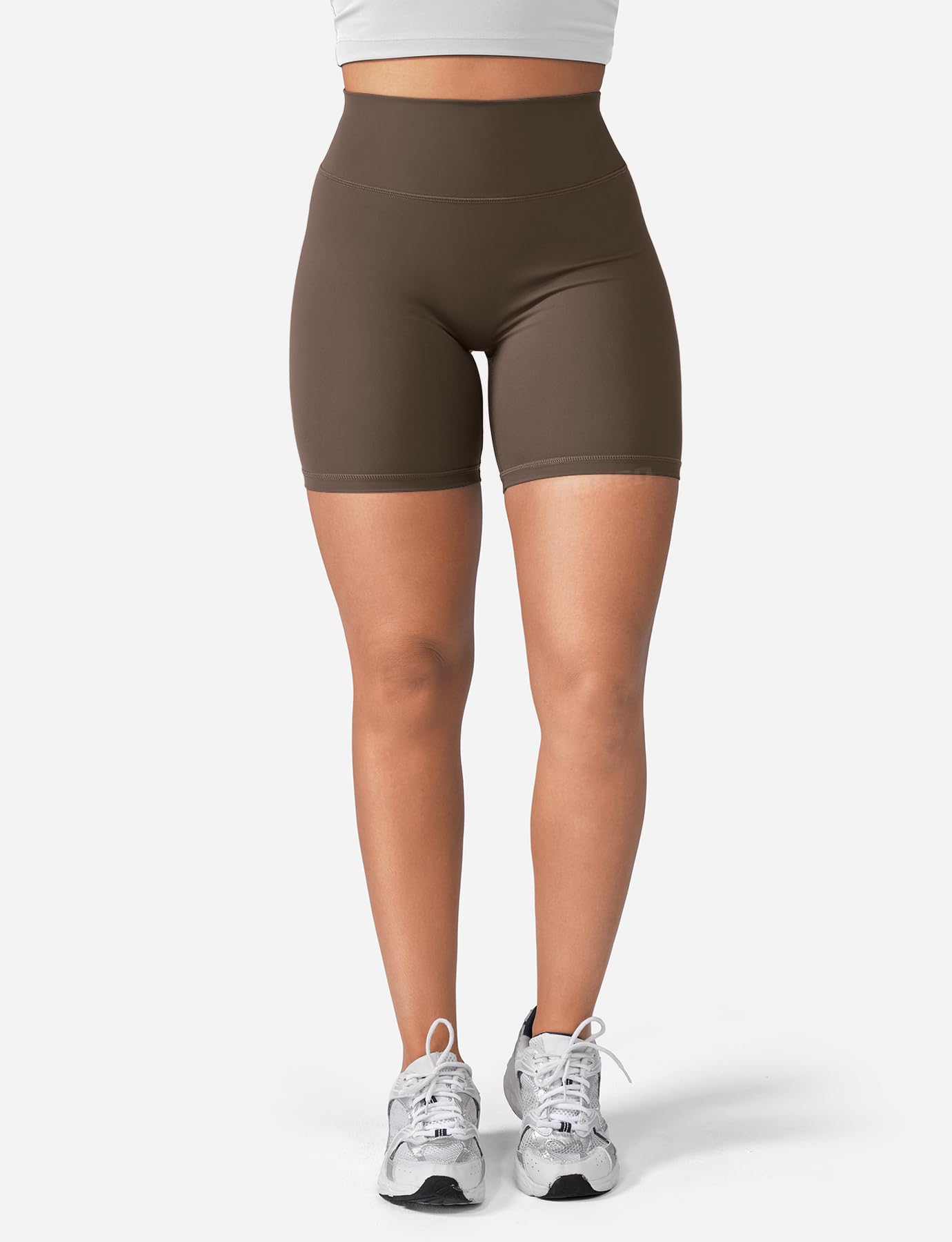 YEOREO Women's Biker Shorts 4.5" / 6" Workout Gym Shorts Craze High Waist Tummy Control Hidden Scrunch Running Yoga Coffee L