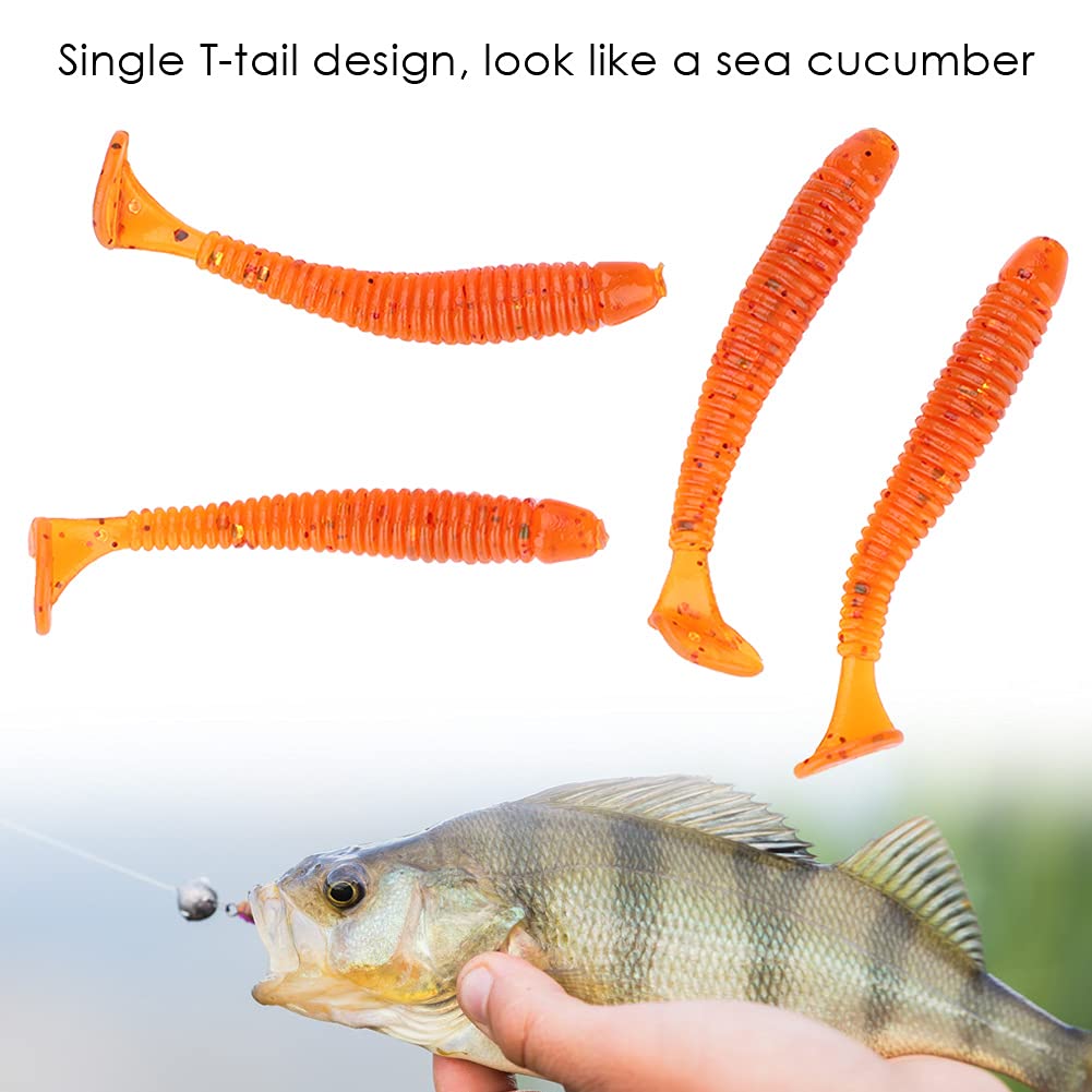 50PCS Fishing Lures Kit, 2in Plastic Fishing Soft Lures T Tail Grub Worm Baits Fishing Swimbaits Fishing Fish Tackle Accessories (Orange)
