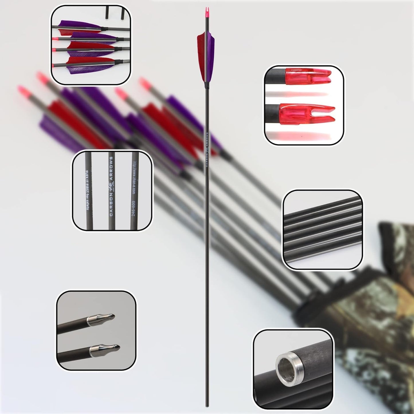 12PCS 600 Spine Pure Carbon Arrows with Real Turkey Feathers Removable 100 Grain Tips Plastic Nocks for Archery Target Hunting
