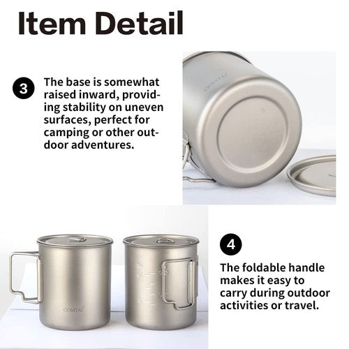 COMTAI Titanium Pot, 750ml/26 oz Mug with Lid and Foldable Handle, Titanium Cup Backpacking Cookware for Outdoor Hiking Camping Cooking