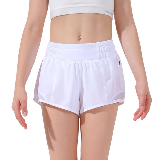 Aurefin Girls Athletic Shorts, Lightweight Running Shorts for Teen Girls Kids Sports Active Shorts with Zip Pocket and Elastic White/S