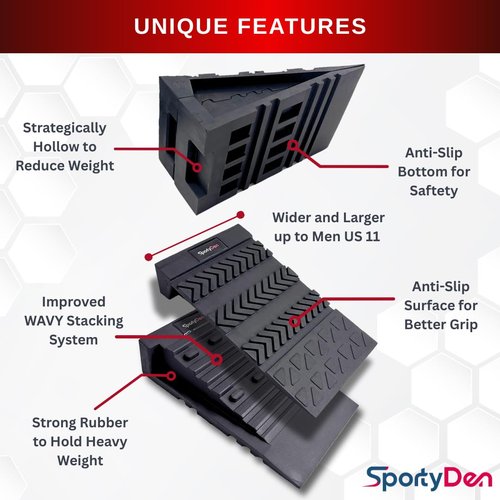 SPORTYDEN Squat Wedge Block Non-Slip Rubber, 3 Adjustable Angles, [Men up to US10.5] 6Pcs Set for Heel Elevated Squat, Calf Raises Ramp, Weight Lift & Stretch, Includes 2 Bands & a Storage Bag.