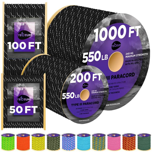 TECEUM Paracord Type III 550 Reflective Black – 100 ft – 4mm – Tactical Rope MIL-SPEC – Outdoor para Cord –Camping Hiking Fishing Gear and Equipment – EDC Parachute Cord – Strong Survival Rope 016rf