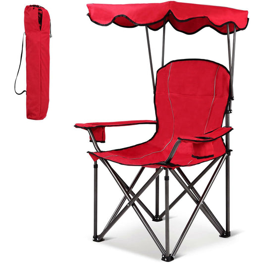 COSTWAY Portable Camping Chair with Canopy, Outdoor Lawn Chair with Shade, Carry Bag, Cup Holder, for Travel, Picnic, Beach (Red)