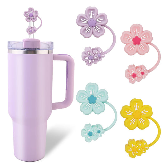 4 Pcs Cherry Blossom Straw Topper for Stanley Cup Accessories,Silicone straw toppers for Stanley 30&40 Oz Tumbler,Reusable Flower straw covers fits perfectly with all types of 10mm/0.4in