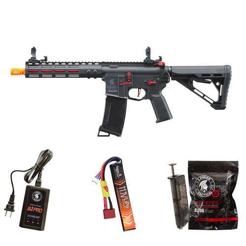 Lancer Tactical Gen 3 Programmable Trigger Archon MLOCK 9" Lightweight Durable Polymer M4 Airsoft MLOK AEG w/Lipo Battery & Charger (ETU & MOSFET Included) (Black & Red)