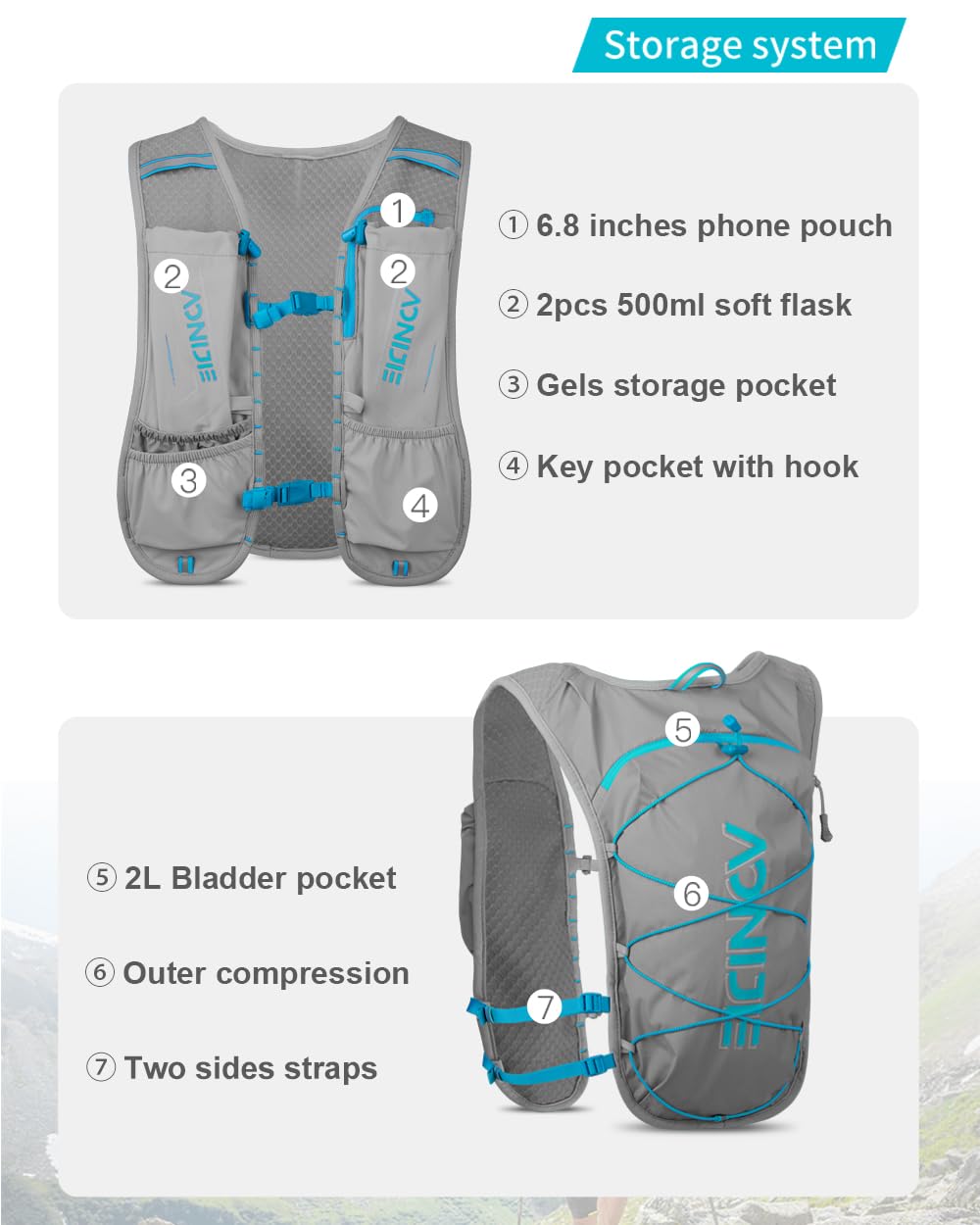 AONIJIE Trail Running Vest for Women Men, Fit for 6.8 inches Phone, 5L Capacity Lightweight Hydration Pack Backpack Ideal for Marathon Training, Hiking, Biking, Trail and Walking
