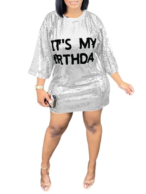 Womens O Neck Letter Print Sequins Loose Casual Party Clubwear T-Shirts Tops Dress Sliver S