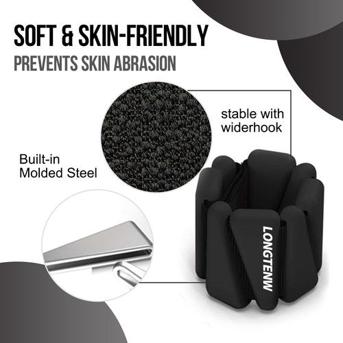 LONGTENW Adjustable Silicone Wrist & Ankle Weights Customizable Fitness Bands for Yoga, Pilates, Running, and Strength Training Detachable Design, Comfortable Eco-Friendly Material (Black, 2 lbs Pair (1lbs Each))