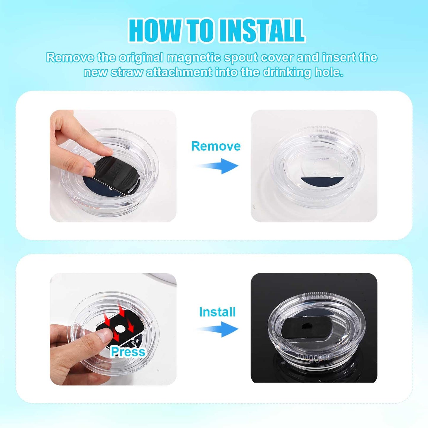 2pcs Straw Lid Attachment, Replacement Slider with 6pcs Straws and Cleaning Brush Compatible with YETI 20oz 30oz Travel Mug, Straw Cover Accessories for Yeti Stronghold (Black)